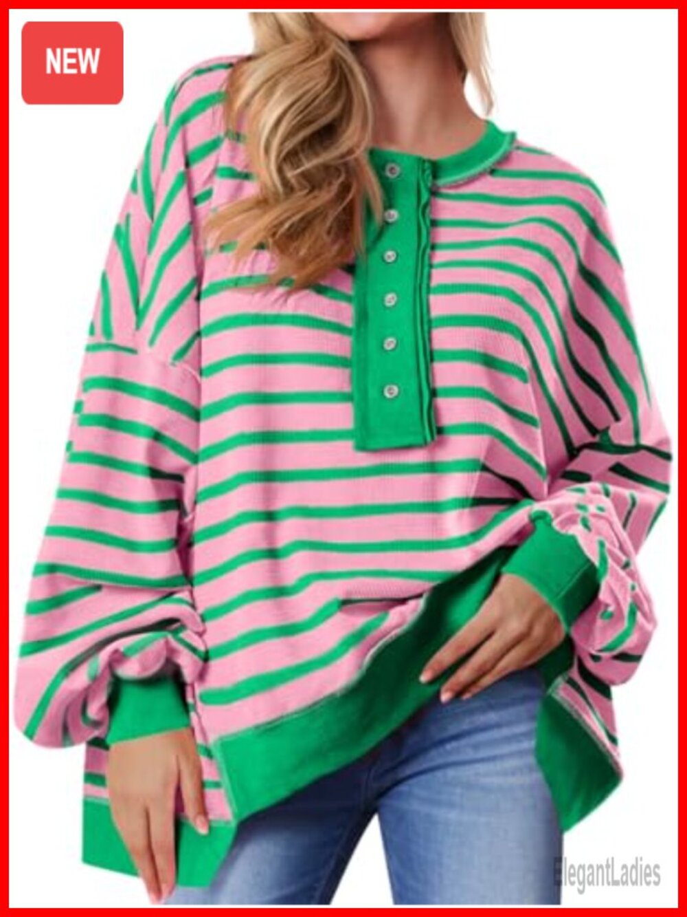 Oversized Waffle Knit Henley Sweatshirt Striped Pullover